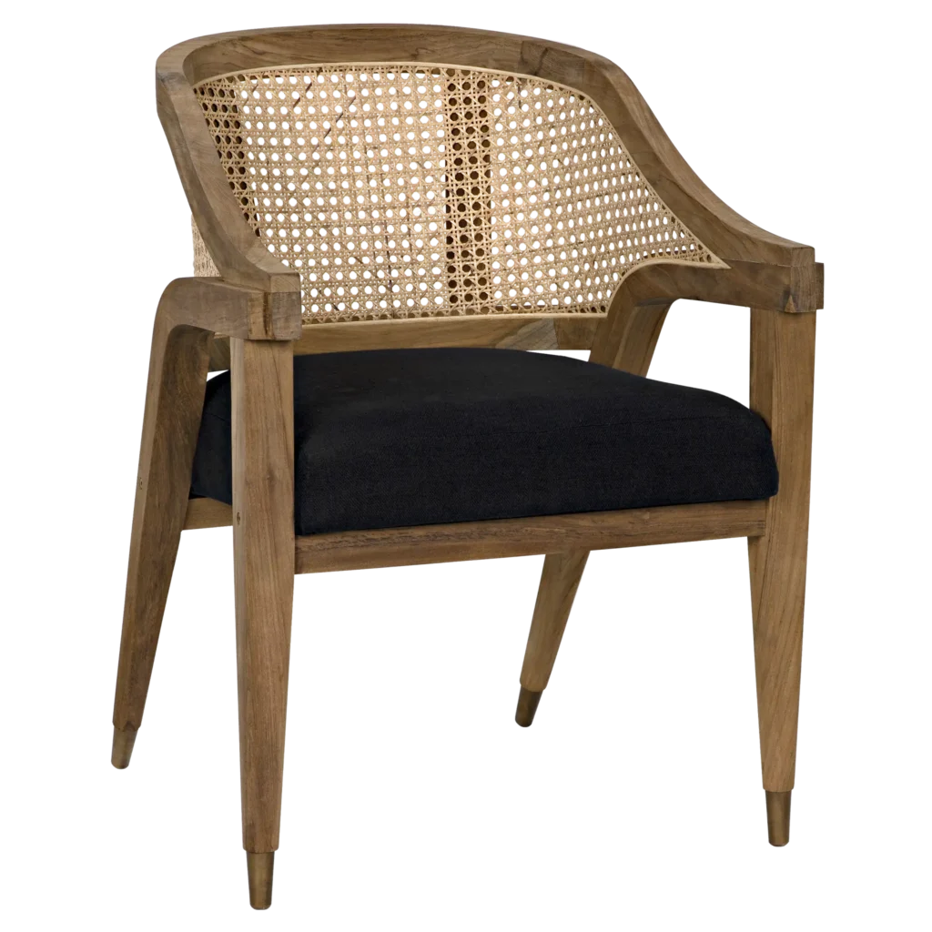 Chloe Chair, Teak, Caning, and Black Cotton