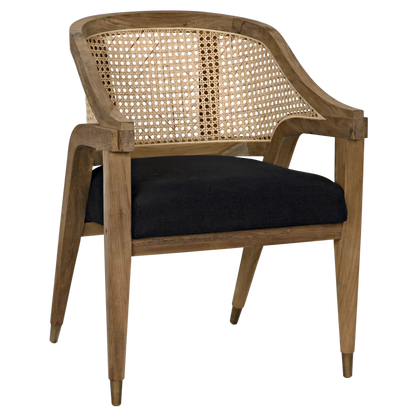 Chloe Chair, Teak, Caning, and Black Cotton